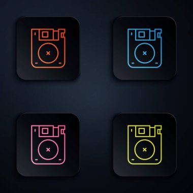 Color neon line Floppy disk for computer data storage icon isolated on black background. Diskette sign. Set icons in square buttons. Vector.