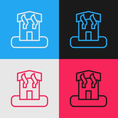 Pop art line Arson home icon isolated on color background. Fire in building. Flames from office windows. Burn facility. Spontaneous disaster. Vector.