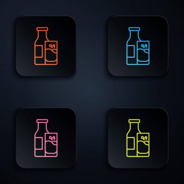 Color neon line Closed glass bottle with milk and glass icon isolated on black background. Set icons in square buttons. Vector.