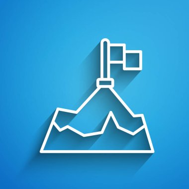 Üzerinde bayrak olan beyaz çizgi dağları mavi arka planda izole edilmiş. Zaferin ya da başarının sembolü. Gol başarısı. Uzun gölge. Vektör.