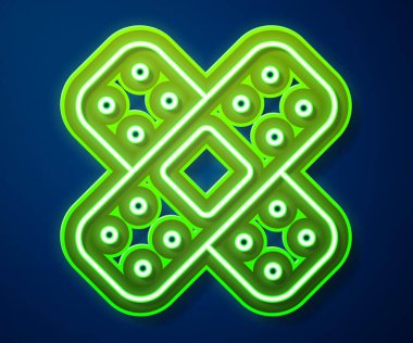 Parlayan neon çizgisi mavi arkaplanda izole edilmiş bandaj sıvası simgesi. Tıbbi alçı, yapıştırıcı bandaj, esnek kumaş bandajı. Vektör.