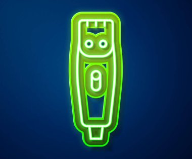 Parlak neon çizgisi, elektrikli saç kırpıcı ya da traş ikonu mavi arka planda izole edilmiş. Berber dükkanı sembolü. Vektör.