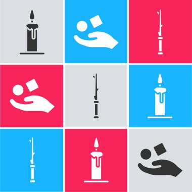 Mum mumunu şamdanda, küpü elinde ve sihirli değnek simgesinde havaya kaldır. Vektör.