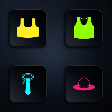 Set Man hat Undershirt Tie and . Black square button. Vector.