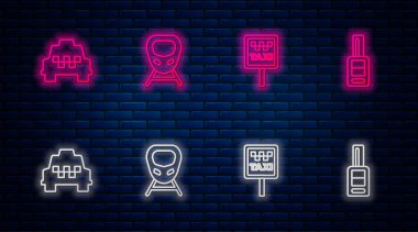 Hat yüksek hızlı tren, taksi durağı için yol tabelası, uzaktan kumandalı taksi ve araba anahtarı. Tuğla duvarda parlayan neon simgesi. Vektör.