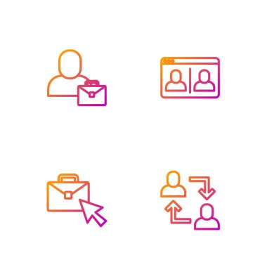 Online Proje Ekibi Üs, Çevrimiçi Çalışma, Freelancer ve Video sohbet konferansı ayarla. Renk simgeleri. Vektör.