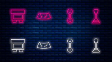 Kırık ön cam, İngiliz anahtarı, sigorta ve vites kolu. Tuğla duvarda parlayan neon simgesi. Vektör.