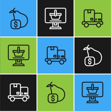 Set line Price tag for pear, Hand truck and boxes and Shopping cart on computer icon. Vector.
