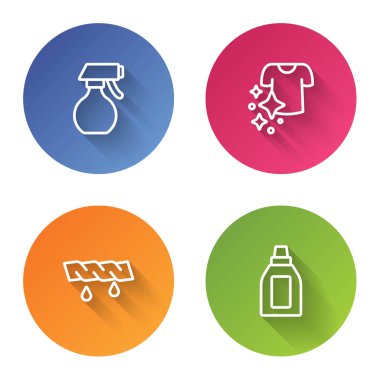 Set line Water spray bottle, Drying clothes, Squeeze and Bottle for cleaning agent. Color circle button. Vector.