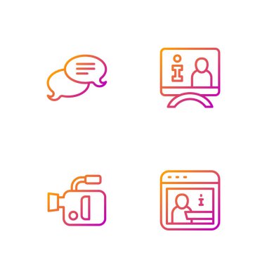 Hat Bilgi Sinema Kamerası Konuşma baloncuğu sohbet ve Televizyon raporunu ayarla. Renk simgeleri. Vektör.