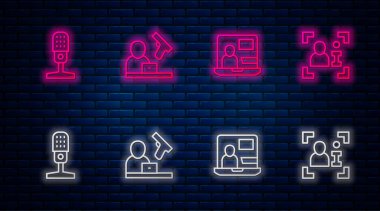Set line Crime news World Microphone and Television report. Glowing neon icon on brick wall. Vector.