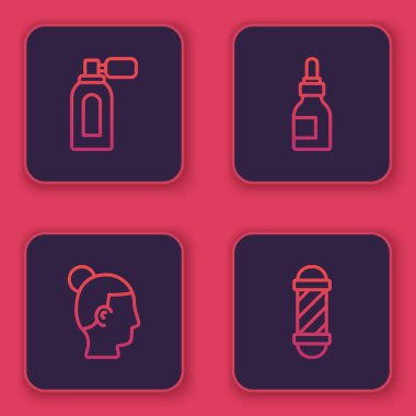 Erkekler için Atomizör Saç Stili ve Klasik Berber dükkanı direğiyle traş losyonu serisi. Mavi kare düğme. Vektör.