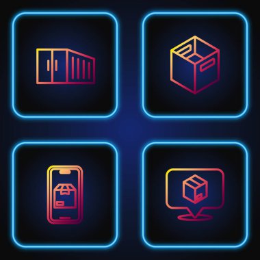 Satır konumunu karton kutu mobil uygulama dağıtım taşıyıcı ve karton ile ayarla. Renk simgeleri. Vektör.