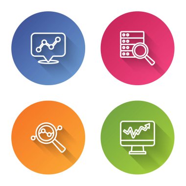 Set line Graph chart infographic Server Search data analysis and Monitor with. Color circle button. Vector.