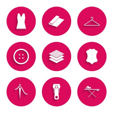 Tekstil kumaş rulo fermuar elektrikli ütüyü ve ipek dikiş düğmesi elbise askısı elbise askısı ve kadın giysi ikonu için deri iğneyi hazırlayın. Vektör.