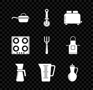 Tava Pizzası Bıçak Tost makinesini bir tost kabı zeytinyağı sobası ve çatal ikonu ile ayarla. Vektör.