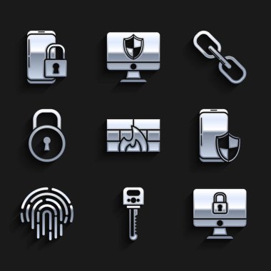 Güvenlik Duvarı Anahtar Kilidi 'ni bilgisayar monitör ekranı Smartphone' a kalkan parmak izi zinciri bağlantısı ve asma kilit simgesi ile ayarla. Vektör.