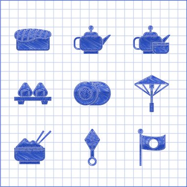 Suşi Japon ninja shuriken Ulusal Bayrağını güneş şemsiyesinin üzerine koyun. Pirinç kasesi, yemek çubuğu kesim tahtası çay seremonisi ve ikon ile. Vektör.