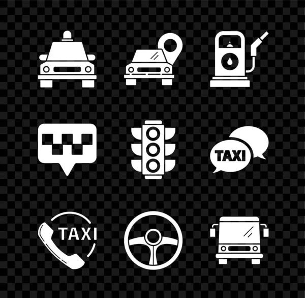 Set Taxi Car Pointeur Carte Avec Taxi Service Téléphonique Appel — Image vectorielle