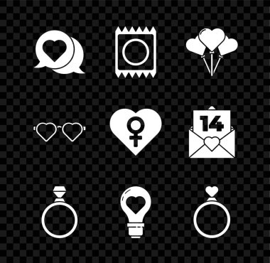 Kalp şeklinde elmas nişan yüzüğü şeklindeki balonlar. Ampul şeklinde alyanslar. Aşk gözlüğü şeklinde ve kadın cinsiyet ikonuyla. Vektör.