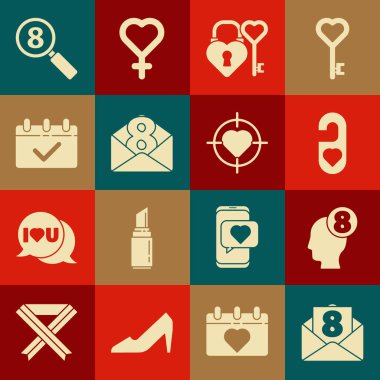 Zarfı insan kafasında 8 Mart olarak ayarla. Lütfen Kalbin Kalbini rahatsız etmeyin ve Takvim Arama ve Kalbini hedef simgesinin merkezine yerleştirin. Vektör.