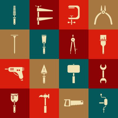 Set Hand drill Wrench spanner Paint brush Clamp screw tool Putty knife Metallic nail Chisel for wood and Drawing compass icon. Vector.