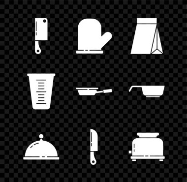 Et doğrayıcı fırın eldiveni tepsi bıçaklı ekmek kızartma makinesi ölçme kabı ve kızartma tavası ikonu ile kaplı kahve çekirdeği torbası. Vektör.