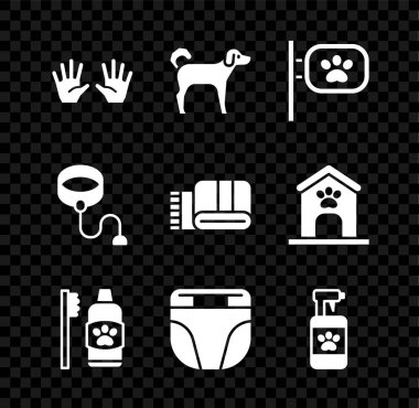 Tıbbi lastik eldivenleri ayarla köpek evcil hayvan diş hijyeni için bebek bezi köpek şampuanı geri çekilebilir ip tasması ve havlu yığını ikonu. Vektör.