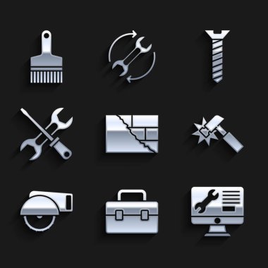 Bricks Toolbox bilgisayar monitör servisi Hammer Electric elektrikli testere ve İngiliz anahtarı metal vida ve boya fırçası simgesini ayarla. Vektör.