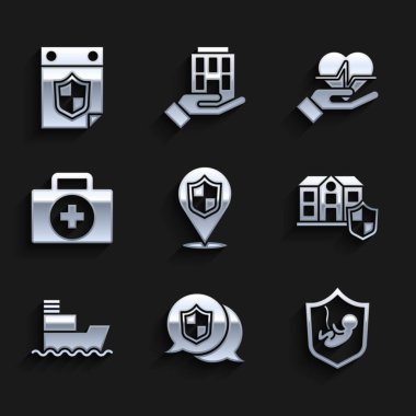 Ev Gemisi İlk Yardım çantası ve Takvim simgesi ile Konum Kalkanı Hayat Sigortası ayarlayın. Vektör.