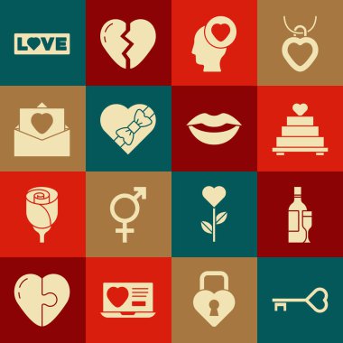 Anahtarı kalp şeklinde, şampanya şişesi şeklinde, baş şekeri şeklinde, sevgililer günü mesajı ve gülümseyen dudaklar ikonu olan düğün pastası şeklinde ayarla. Vektör.