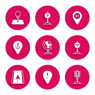 Yerküre küre konumunu Yol Haritası navigasyon sunucusu Helikopter iniş pisti ve iğne simgesinde ünlem işareti olan trafik çatalı ile ayarlayın. Vektör.