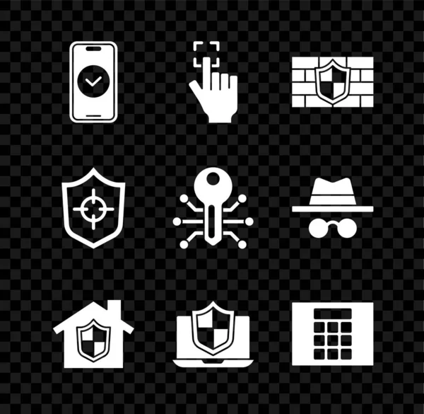 设置智能手机指纹识别盾与砖墙屋保护笔记本电脑保护盾密码和关键图标 — 图库矢量图片