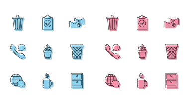 Konuşma balonu çay ve yaprak çöp tenekesi arşivi çekmecesinden yapılmış dünya haritasını ayarla telefon ahizesi sohbetinde ve tamamlanmış görev simgesinde çiçekler. Vektör.