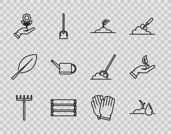 Çiçek konservesi eldiveni ve çevre koruma ikonu tutan bahçe tırmığı filizi ahşap kutu. Vektör.