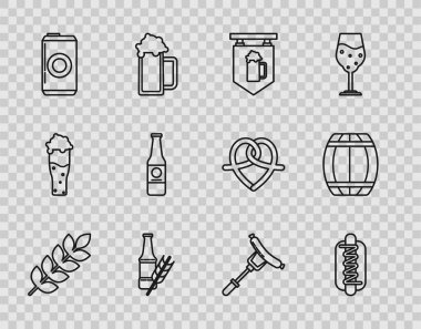 Mısır gevreği, mısır, yulaf, çavdar arpası, sosisli sandviç, hardal sokak tabelası bira şişesi sosisi, çatal ve ahşap fıçı ikonu. Vektör.