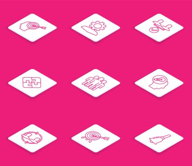 Set line Head hunting concept Human with gear inside Project team base Piece of puzzle Users group head lamp bulb resources and Target arrow icon. Vector.