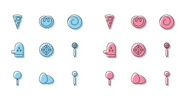 Tavuklu tavuklu yumurta dilimlenmiş pizza bıçağı bisküvi süzgeç kaşığı fırın eldiveni ve simge. Vektör.