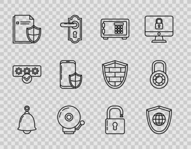 Hat Çan Kalkanı 'nı dünya çapında güvenli belge koruma konsepti Smartphone güvenlik kalkanı açık asma kilit ve kombinasyon tekerlek ikonu ile ayarla. Vektör.