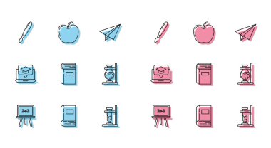 Chalkboard Kitap Fırçası Cam Tüpü test tüpünü ateş mezuniyet kep ekranı dizüstü bilgisayarı ve Apple simgesine ayarla. Vektör.