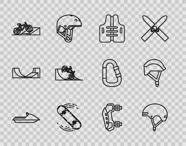 Set line Jet ski Helmet Life jacket Skateboard trick Bicycle on street ramp Knee pads and helmet icon. Vector.