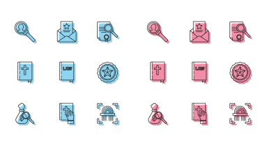 Para çantası ve büyüteç ayarla. İncil 'in parmak izi hukuk kitabı polis rozeti ve tutuklama emri ikonu için büyültülmesi üzerine yemin et. Vektör.