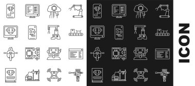 Satır Mekanik robot elini ve tornavida Yazılım Ağı Geliştirici kod taşıyıcı kayışını karton kutu, internet şeyleri, Algoritma Robotu ve Assembly çizgi simgesi ile ayarla. Vektör.