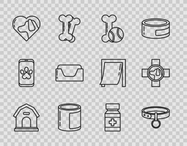 Hayvan oyuncakları, kemik kauçuk, top, konserve, köpek kalbi, ilaç şişesi hapları ve veteriner kliniği simgesi olan tasmalı tasma. Vektör.