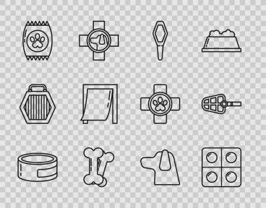 Konserve yiyecek, köpek ve evcil hayvan şişesi, hayvan kapısı ve ağızlık ikonu için tıbbi kemik torbası hazırlayın. Vektör.