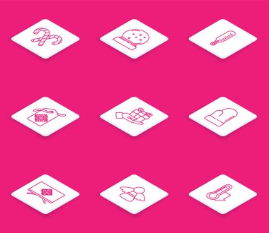 Çizgili Noel şekeri bastonu, kar küresi, kar meteorolojisi termometresi, Price etiketli, hediye kutusu eldiveni, mutlu televizyon ve melek ikonu. Vektör.