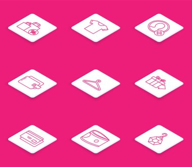 Satır Shoping çantasını indirimli tişört hesap ekranı cüzdan askısı gardırop hediye kutusu kredi kartı ve kağıt para ikonu ile ayarla. Vektör.