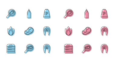 Kızarmış tavada biftek, ateşte biftek ve sos şişesi ikonu. Vektör.