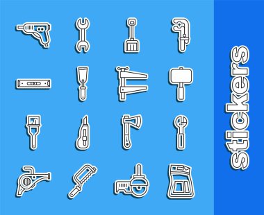 Çimento torbasını ayarlanabilir İngiliz anahtarı Balyoz Kar küreği macun bıçağı balon seviyesinde elektrikli sıcak tutkal tabancası ve klemp alet simgesini ayarla. Vektör.