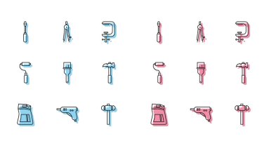 Çimento torbasını hazırla elektrikli sıcak tutkal tabancası tornavida balyoz fırça fırçası pençe silindiri ve çizim pusula simgesi. Vektör.